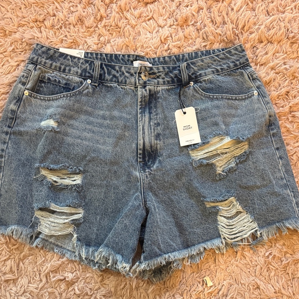 Forever 21 Denim Ripped Mom Shorts - Blue